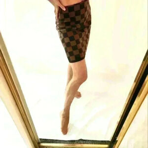 J.ING Korean Brown Beige Checked Checkered Knee Length Skirt Knit Designer Luxur